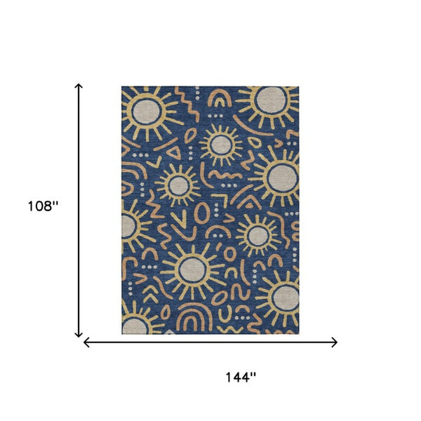 9 X 12 Navy Geometric Polyester Indoor Outdoor Rug Machine Washable Patio Living Room