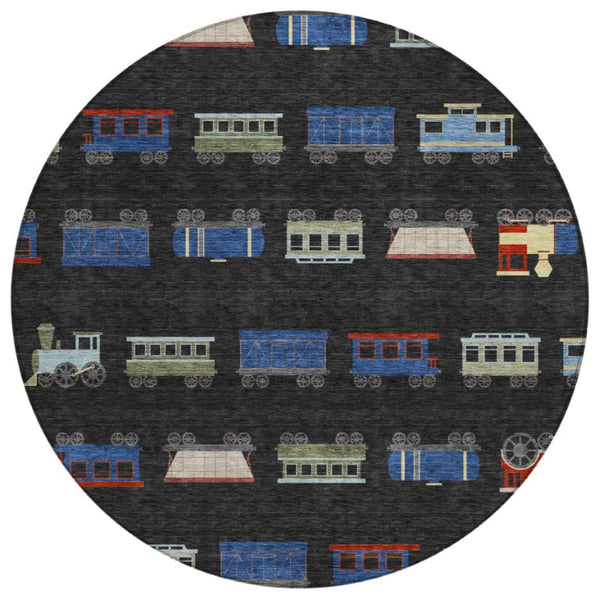 8' Black and Graphite Round Abstract Washable Indoor Outdoor Area Rug
