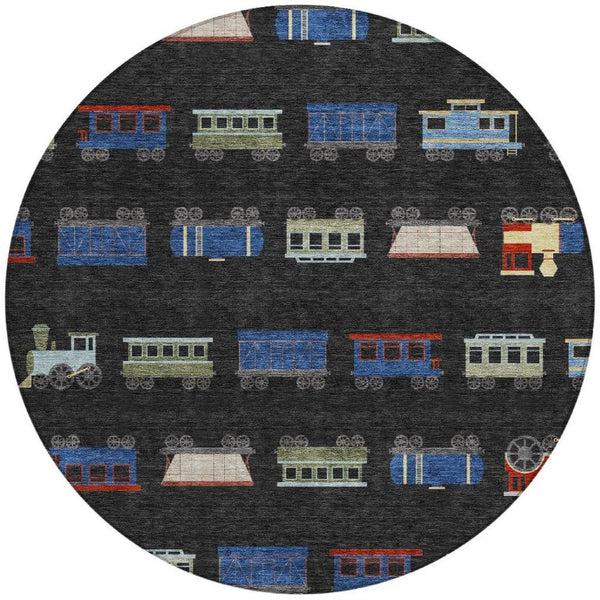 HomeRoots 8' Black and Graphite Round Abstract Washable Indoor Outdoor Area Rug 733712
