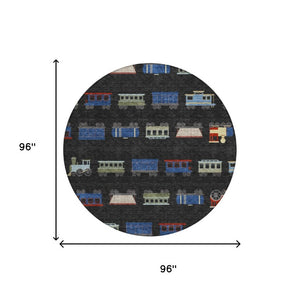 8' Black and Graphite Round Abstract Washable Indoor Outdoor Area Rug
