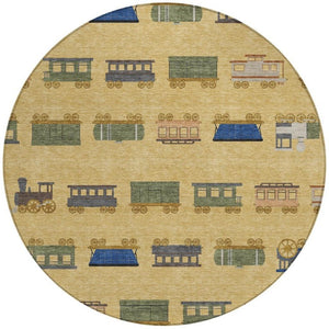 8 Foot Round Abstract Polyester Area Rug Washable Gold Brown Indoor Outdoor