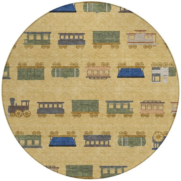 8 Foot Round Abstract Polyester Area Rug Washable Gold Brown Indoor Outdoor