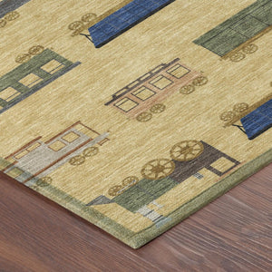 8 Foot Round Abstract Polyester Area Rug Washable Gold Brown Indoor Outdoor