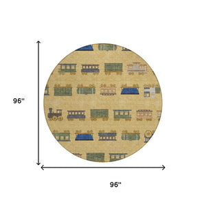 8 Foot Round Abstract Polyester Area Rug Washable Gold Brown Indoor Outdoor
