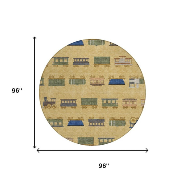 8 Foot Round Abstract Polyester Area Rug Washable Gold Brown Indoor Outdoor