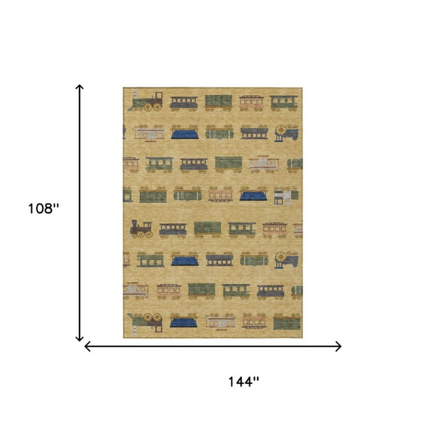 9x12 Abstract Gold Brown Washable Polyester Area Rug for Indoor Outdoor Spaces