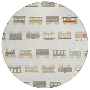 8 Foot Round Abstract Ivory Polyester Indoor Outdoor Rug Machine Washable Patio Decor