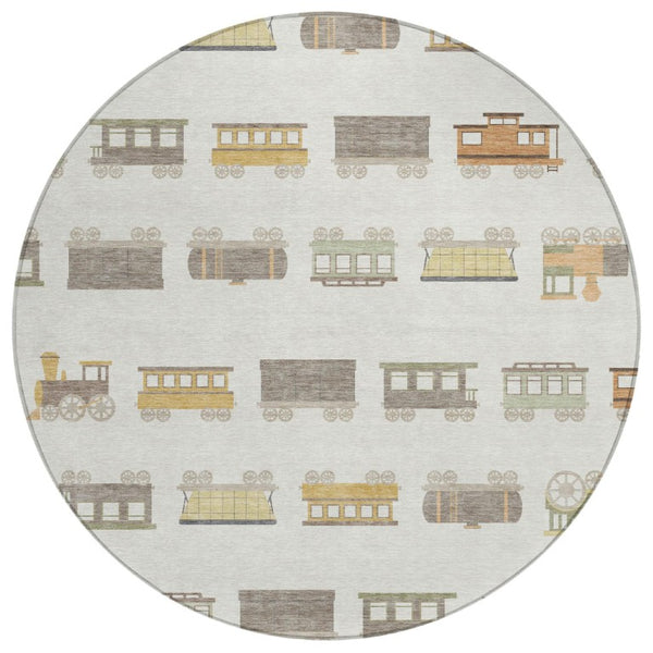 8 Foot Round Abstract Ivory Polyester Indoor Outdoor Rug Machine Washable Patio Decor