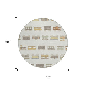 8 Foot Round Abstract Ivory Polyester Indoor Outdoor Rug Machine Washable Patio Decor