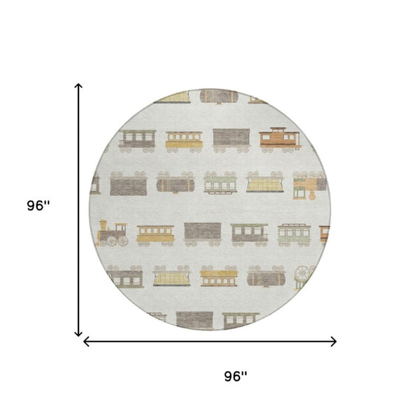 8 Foot Round Abstract Ivory Polyester Indoor Outdoor Rug Machine Washable Patio Decor