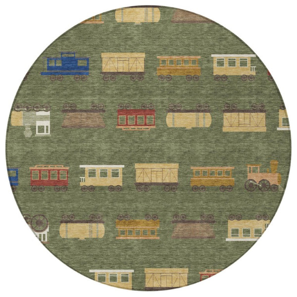 8 Ft Round Abstract Olive Polyester Area Rug Machine Washable for Patio or Living Room