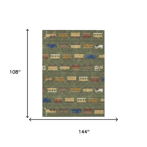 9 X 12 Abstract Olive Washable Polyester Indoor Outdoor Rug with Felt Backing