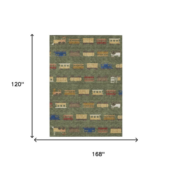 10x14 Olive Abstract Washable Polyester Area Rug for Patio Living Room or Entryway