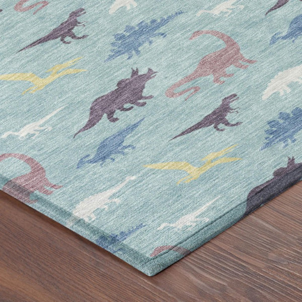 Geometric Polyester Area Rug Washable Indoor Outdoor Low Pile Coastal Teal Aqua Patio
