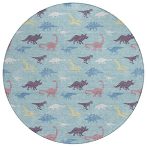 8' Round Geometric Polyester Area Rug Washable Indoor Outdoor Aqua Teal Modern
