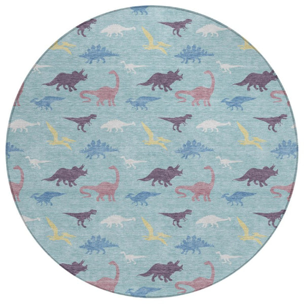 8' Round Geometric Polyester Area Rug Washable Indoor Outdoor Aqua Teal Modern