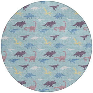 HomeRoots 8' Round Geometric Polyester Area Rug Washable Indoor Outdoor Aqua Teal Modern 733766