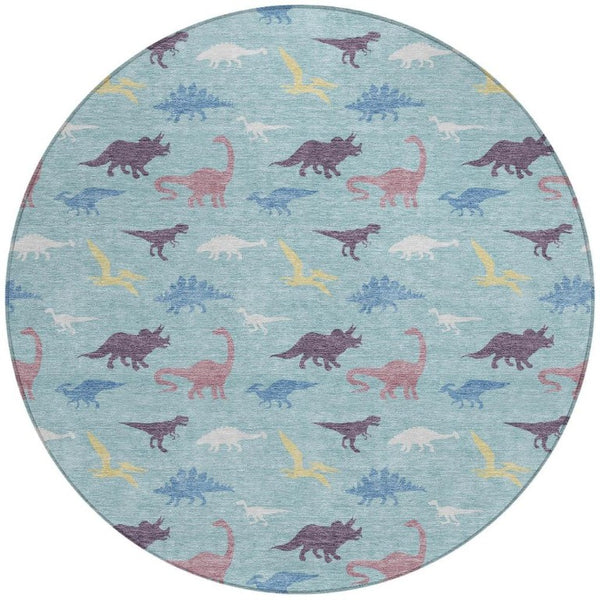 HomeRoots 8' Round Geometric Polyester Area Rug Washable Indoor Outdoor Aqua Teal Modern 733766