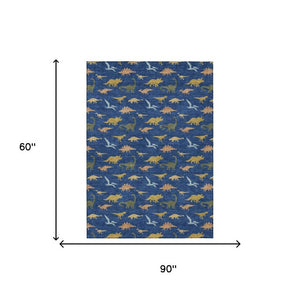 5 X 8 Navy Geometric Polyester Area Rug Machine Washable for Indoor Outdoor Spaces