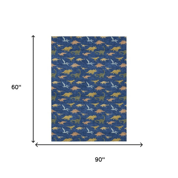 5 X 8 Navy Geometric Polyester Area Rug Machine Washable for Indoor Outdoor Spaces