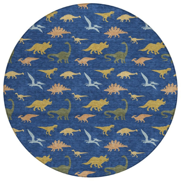 8 Foot Round Navy Geometric Polyester Rug Washable for Indoor Outdoor Spaces