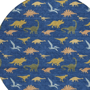 HomeRoots 8 Foot Round Navy Geometric Polyester Rug Washable for Indoor Outdoor Spaces 733802