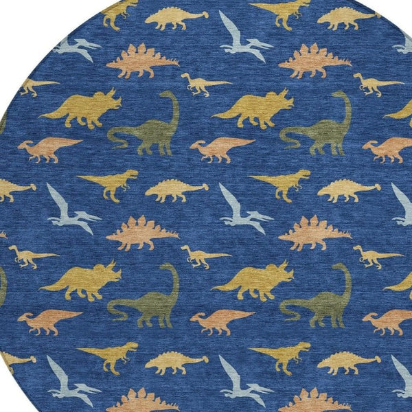HomeRoots 8 Foot Round Navy Geometric Polyester Rug Washable for Indoor Outdoor Spaces 733802
