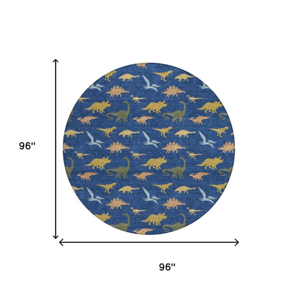 8 Foot Round Navy Geometric Polyester Rug Washable for Indoor Outdoor Spaces