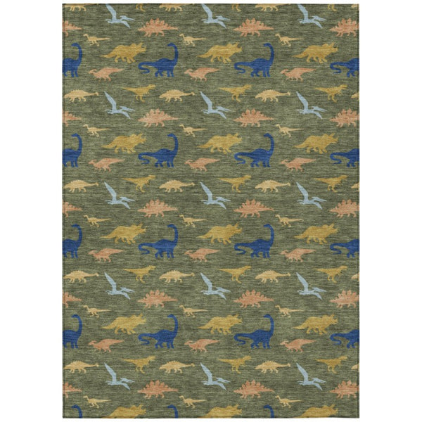 5 X 8 Olive Geometric Washable Polyester Area Rug for Indoor Outdoor Living