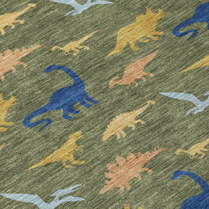 5 X 8 Olive Geometric Washable Polyester Area Rug for Indoor Outdoor Living