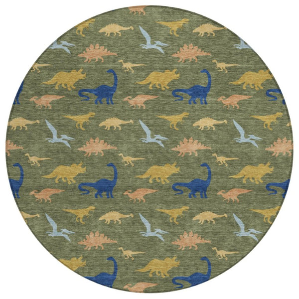 8 Ft Round Olive Geometric Polyester Rug Machine Washable for Indoor Outdoor Use