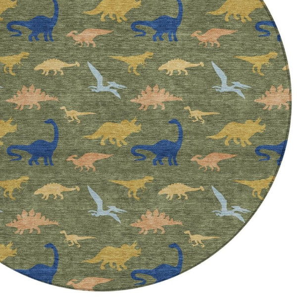 HomeRoots 8 Ft Round Olive Geometric Polyester Rug Machine Washable for Indoor Outdoor Use 733808
