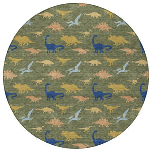 8 Ft Round Olive Geometric Polyester Rug Machine Washable for Indoor Outdoor Use