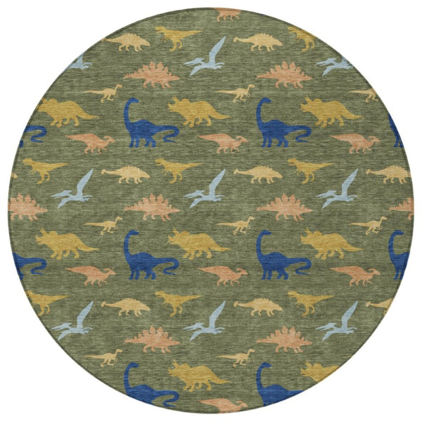 8 Ft Round Olive Geometric Polyester Rug Machine Washable for Indoor Outdoor Use