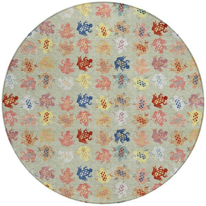 HomeRoots 8 Ft Round Geometric Polyester Area Rug Washable Indoor Outdoor Patio Use 733832