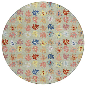 8 Ft Round Geometric Polyester Area Rug Washable Indoor Outdoor Patio Use