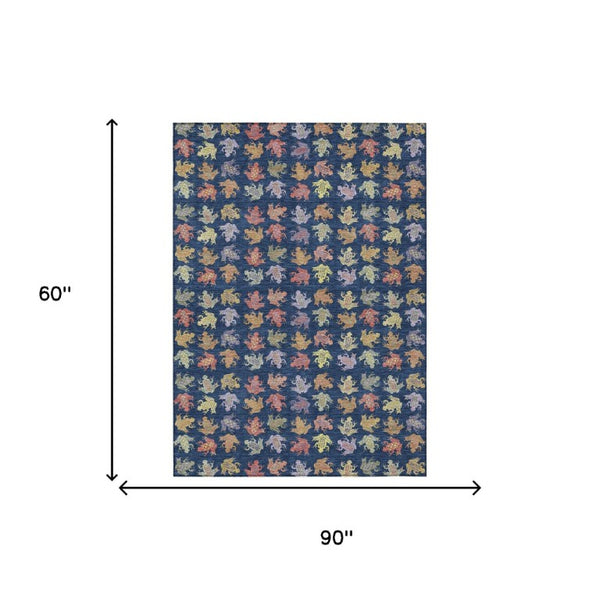 5 X 8 Navy Geometric Washable Polyester Area Rug for Indoor Outdoor Spaces