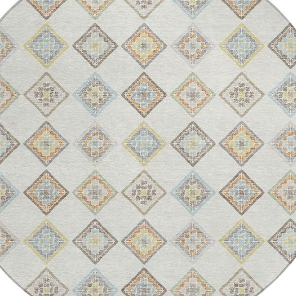 HomeRoots 8 Ft Round Geometric Polyester Area Rug Washable Indoor Outdoor Neutral Tones 733874