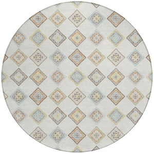 8 Ft Round Geometric Polyester Area Rug Washable Indoor Outdoor Neutral Tones