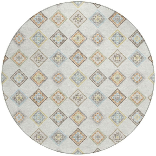 8 Ft Round Geometric Polyester Area Rug Washable Indoor Outdoor Neutral Tones