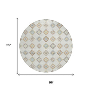 8 Ft Round Geometric Polyester Area Rug Washable Indoor Outdoor Neutral Tones