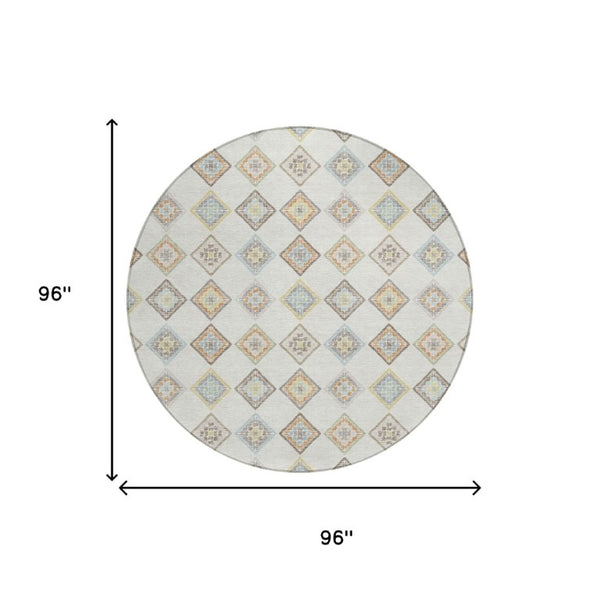 8 Ft Round Geometric Polyester Area Rug Washable Indoor Outdoor Neutral Tones