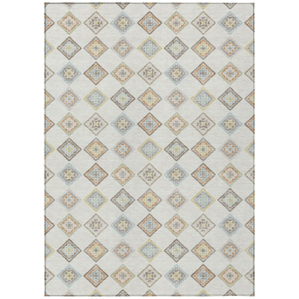 8 Ft Geometric Polyester Area Rug Washable Indoor Outdoor Neutral Ivory Tones