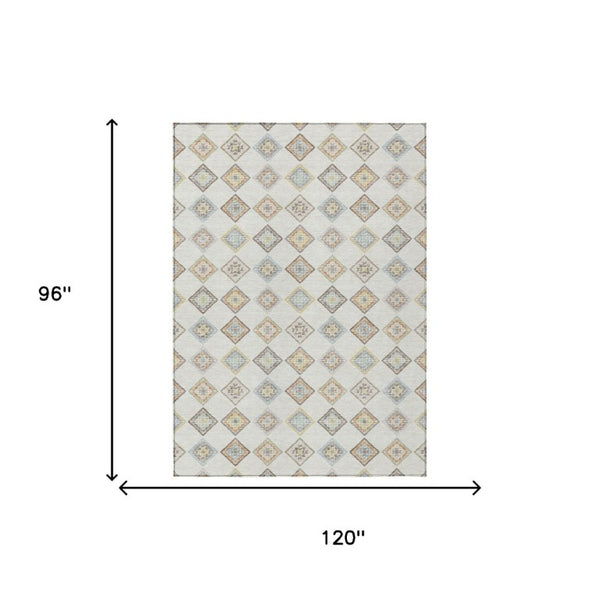 8 Ft Geometric Polyester Area Rug Washable Indoor Outdoor Neutral Ivory Tones