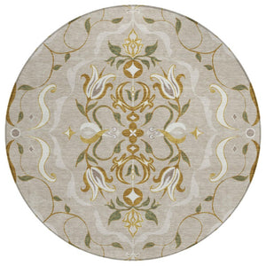 8 Foot Round Damask Polyester Rug Washable Indoor Outdoor Beige Brown Classic
