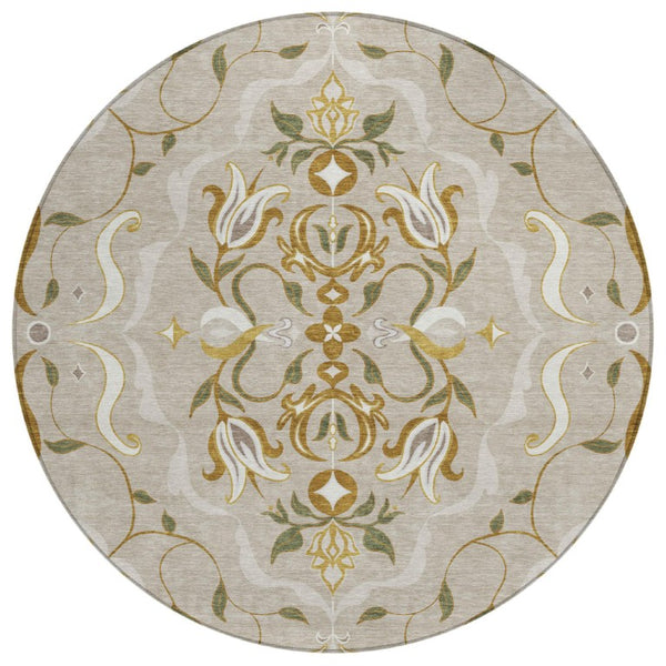 8 Foot Round Damask Polyester Rug Washable Indoor Outdoor Beige Brown Classic