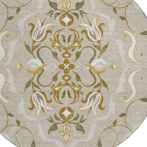 HomeRoots 8 Foot Round Damask Polyester Rug Washable Indoor Outdoor Beige Brown Classic 733892