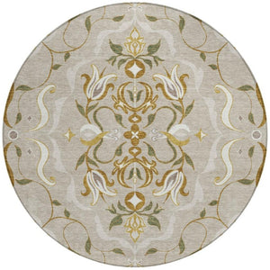 8 Foot Round Damask Polyester Rug Washable Indoor Outdoor Beige Brown Classic