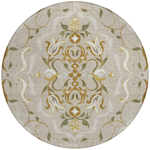 8 Foot Round Damask Polyester Rug Washable Indoor Outdoor Beige Brown Classic