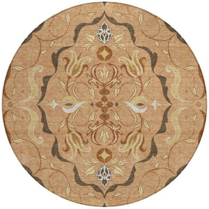 8' Copper and Orange Round Damask Washable Indoor Outdoor Area Rug